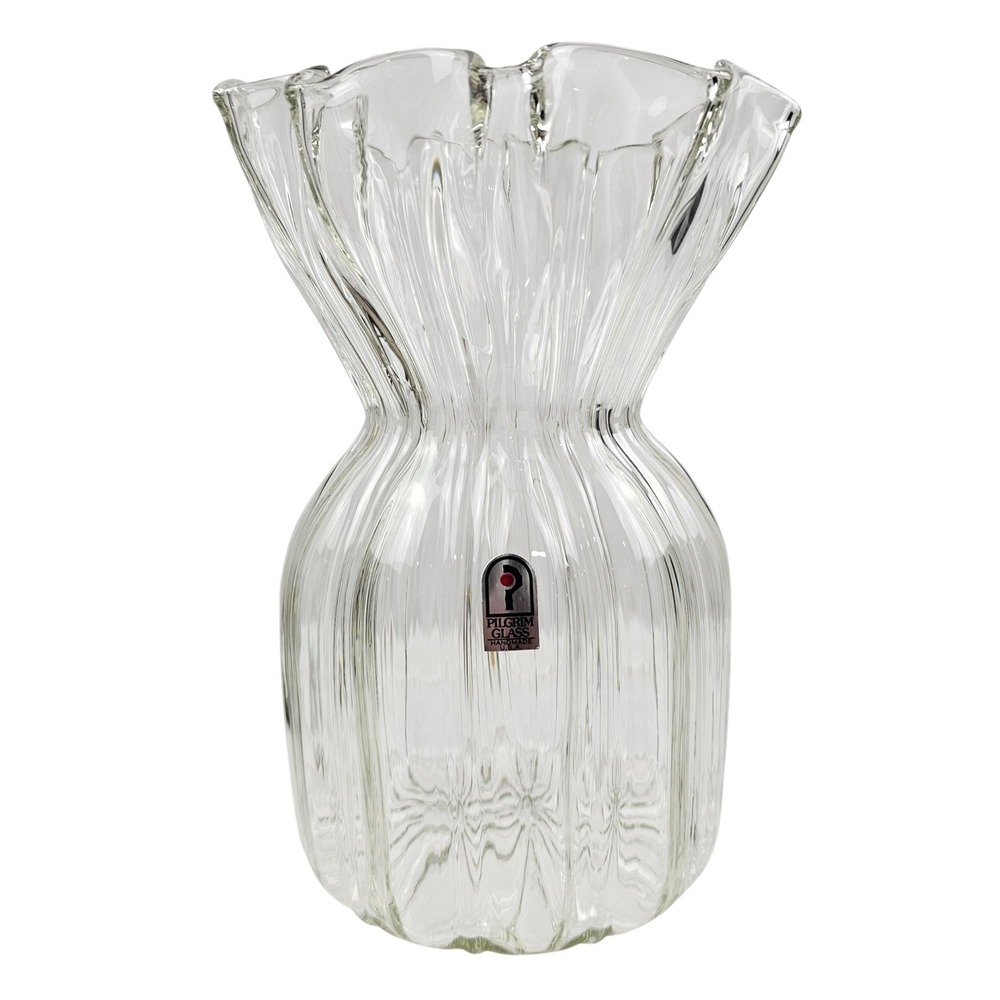 Pilgrim Glass Clear Optic Ribbed Ruffled Rim Vase Handmade USA Vintage 8.25in